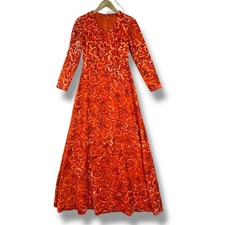 Vintage 70s Maxi Dress Floral Velvet Long Sleeve V Neck Retro Hippie Womens S