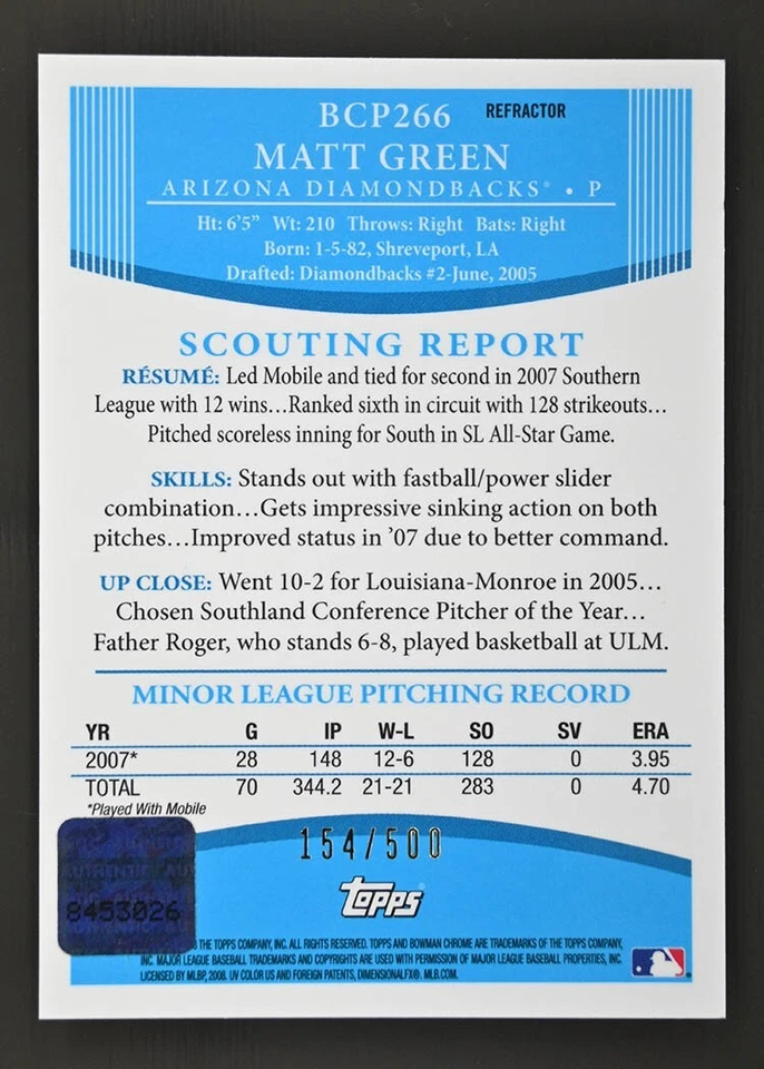 2008 Bowman Chrome #BCP266 Matt Green /500 Auto Refractor Prospect Arizona - Image 2 of 2