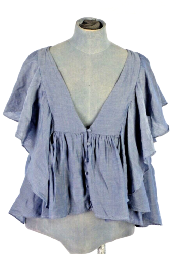 Zara Ruffle Blouse Blue Bohemian Top Chambray Cotton Buttons Deep V Neck Size L - Picture 1 of 12