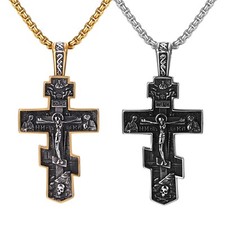 Mens Vintage Orthodox Cross Pendant Stainless Steel Religious Christian Necklace