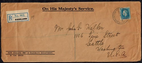 New Zealand 1934 OHMS Registered Cover w/ SG 424 5d Pale Ultramarine RARE - 第 1/4 張圖片