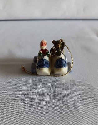 Mini Ceramic Dutch Wooden Shoes W/Santa & Bear Ornament