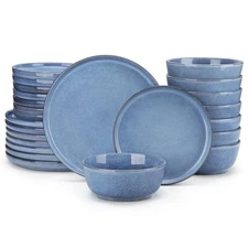 ANYA 24 Pieces Plates and Bowls Set, Blue Dinnerware Sets, Reactive Glaze Dis...
