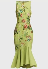 Fehaute Women's Deep Green Floral Boatneck Sleeveless Mermaid Midi Dress Size 4
