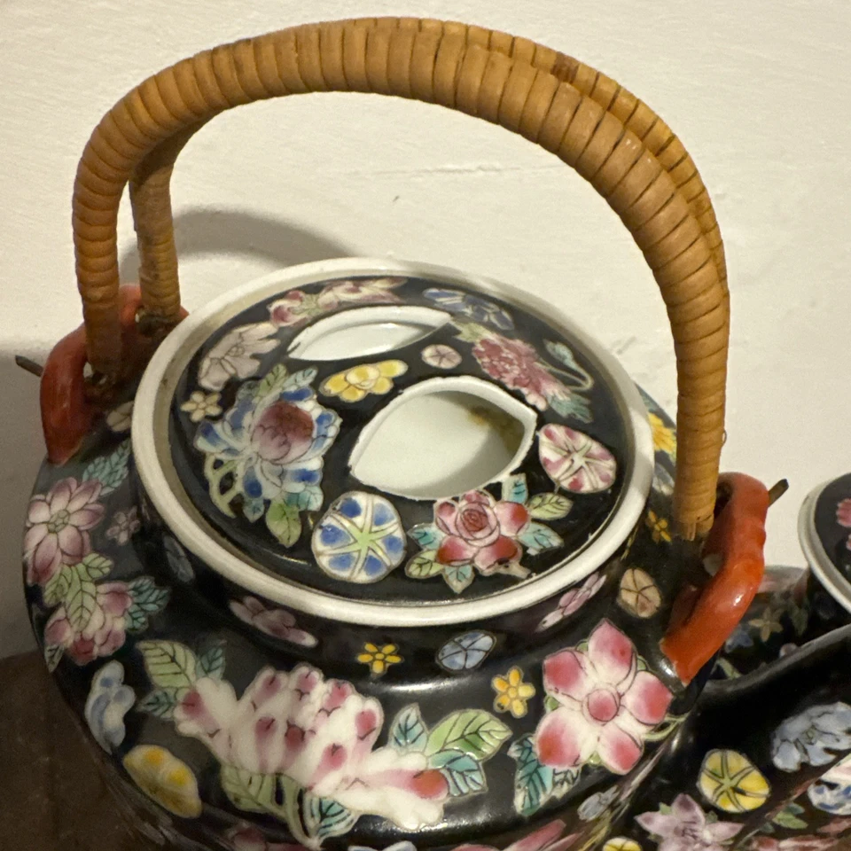 Tetera china Jingdezhen negra mil flores porcelana 6 pulgadas y maceta 5 pulgadas Foto 4 de 4