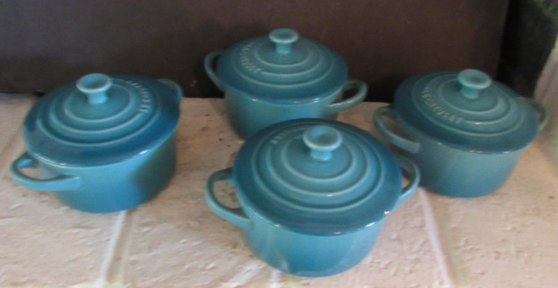 4 Le Creuset Mini Cocotte 8oz Teal green  4" Ramekins  w/ Lid and handles