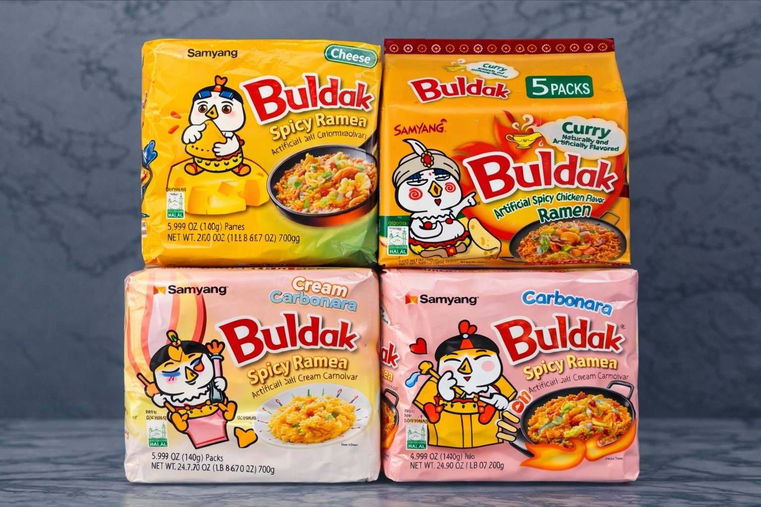 Samyang Buldak Ramen Picante Paquete Variedad Queso Curry Carbonara Crema (4 Sabores)