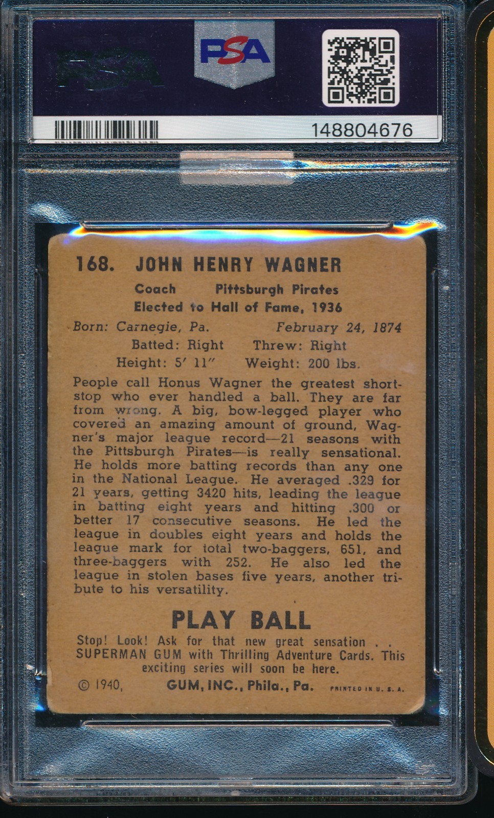 1940 Play Ball 168 Honus Wagner PSA 2 MBA Gold Diamond 148804676 view 2