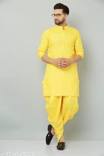 Elegant Cotton Blend Kurta Dhoti Pant Set For Men's Yellow kurta set