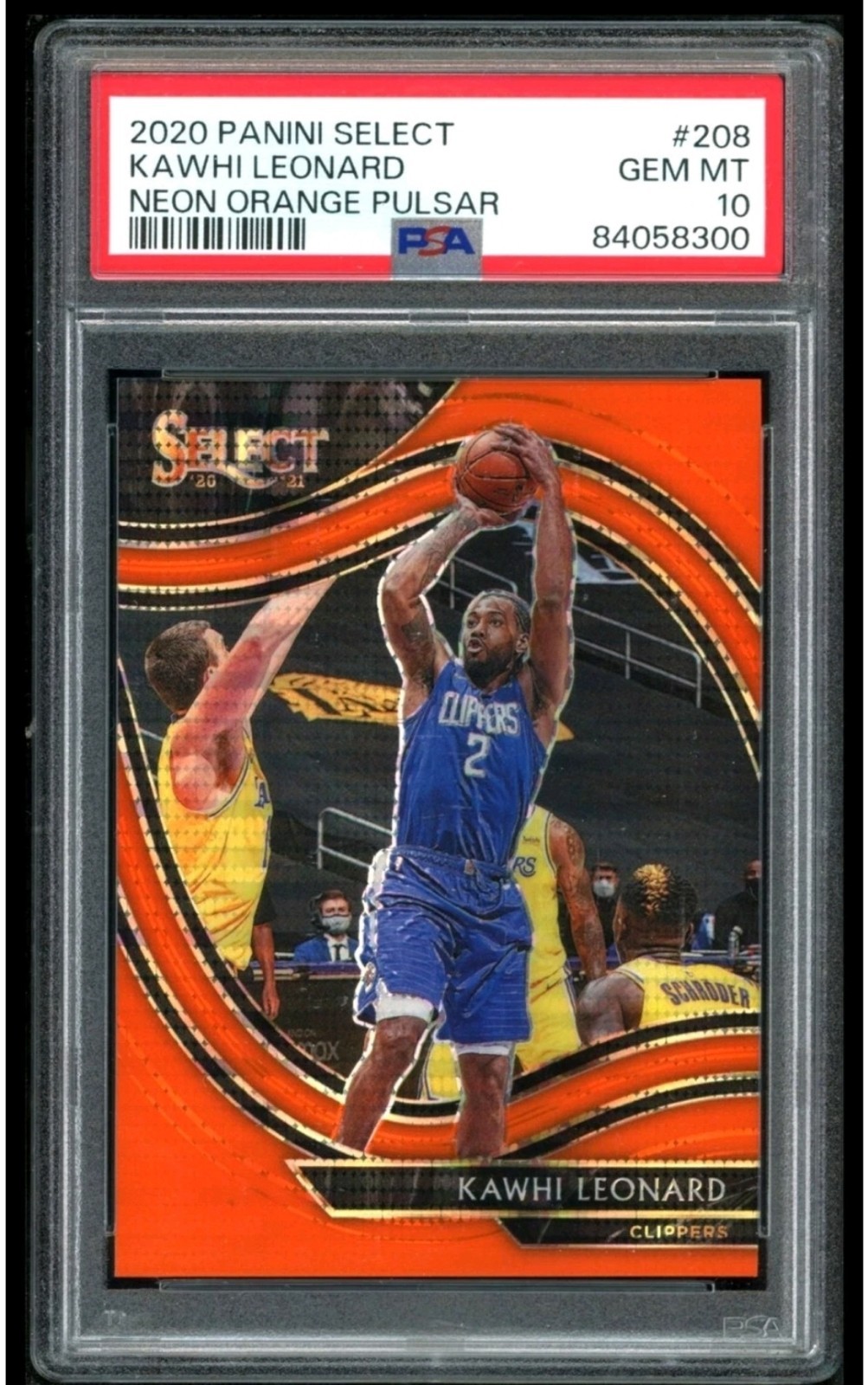 2020 SELECT KAWHI LEONARD NEON ORANGE PULSAR PRIZMS FOTL COURTSIDE /15 PSA 10 SP