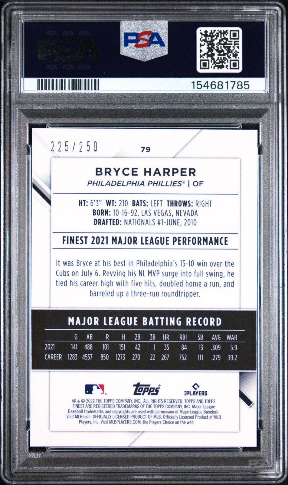 Bryce Harper 2022 Topps Finest #79 Purple Refractor /250 PSA 10 view 2