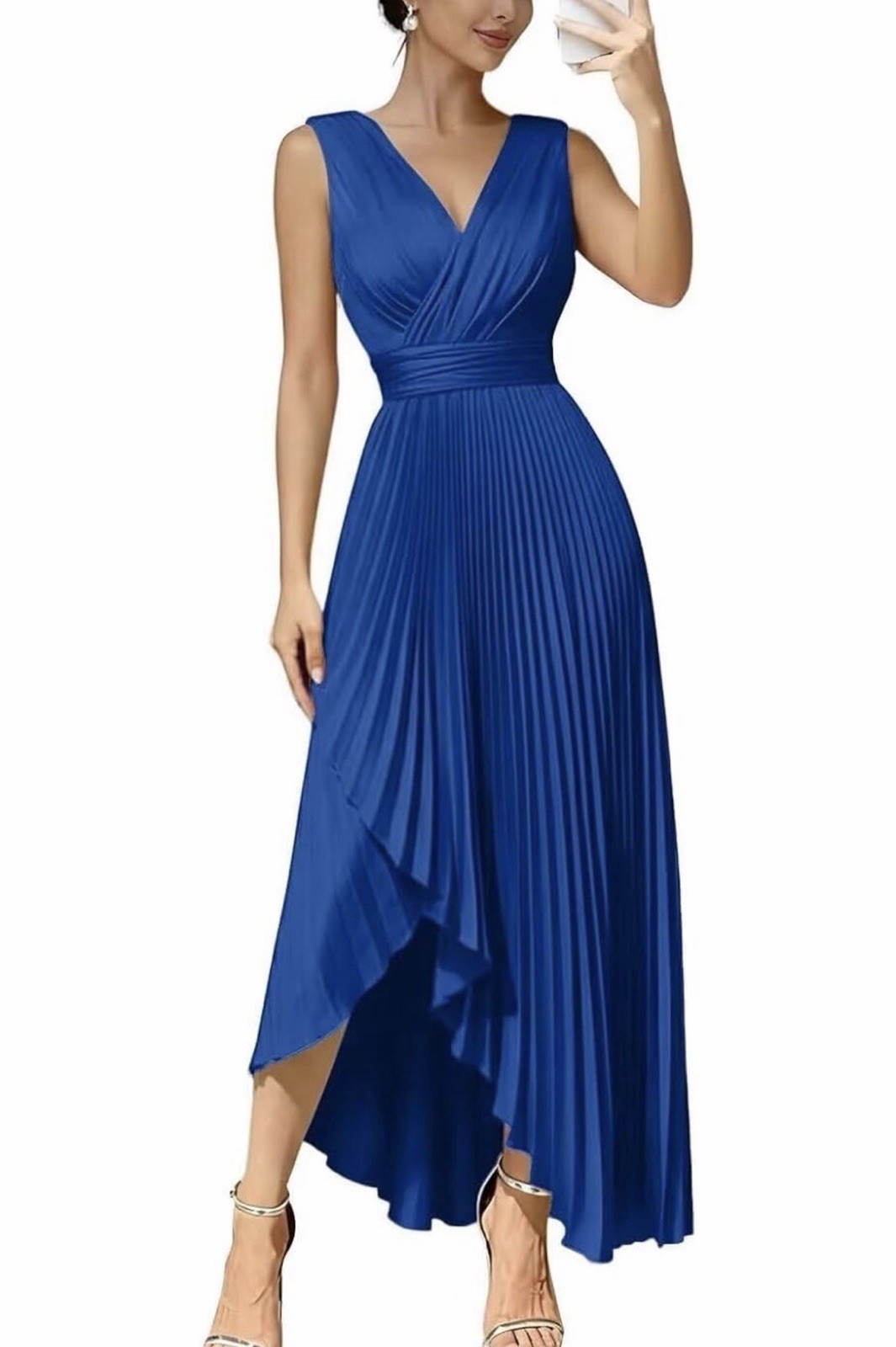 Blue Pleated Sleeveless Hi-Low A-Line Dress Lace-Up Back V-Neck Midi Size 8