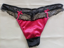 Vtg XL Fits 34 36 38 Satin Lace String Thong Sheer Bikini Panties Fuchsia Black