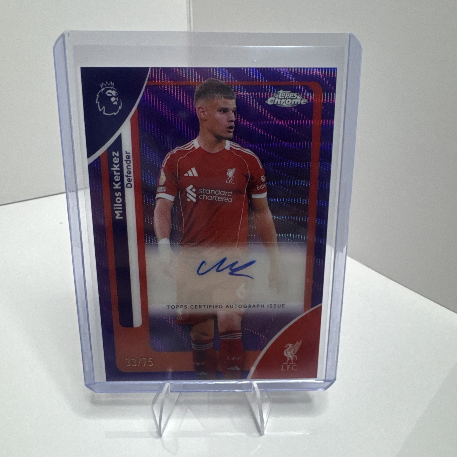 2025-26 Topps Chrome Premier League Milos Kerkez Purple Auto /75 Liverpool view 1