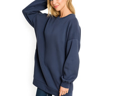 Zenana Sweatshirt Womens Crew Neck Long Line Tunic Oversized Pockets Navy S L