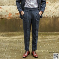 Men Wool Blend Herringbone Pants Retro Tweed Straight Leg Dress Casual Trousers