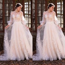 Elegant Long Sleeve Wedding Dress Lace Beaded Puffy Sleeve A-line Bridal Gowns