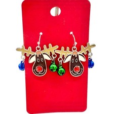 Christmas Reindeer Dangle Earrings with Jingle Bells Festive Holiday Jewelry