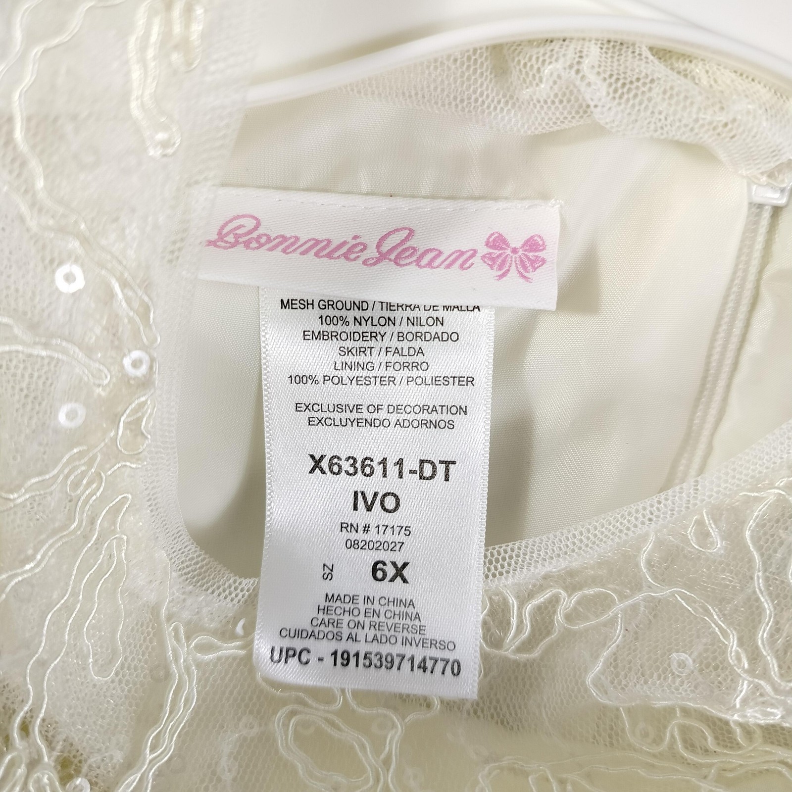 Bonnie Jean Dress Girls 6X Ivory Lace Tulle Flower Girl Special Occasion Party