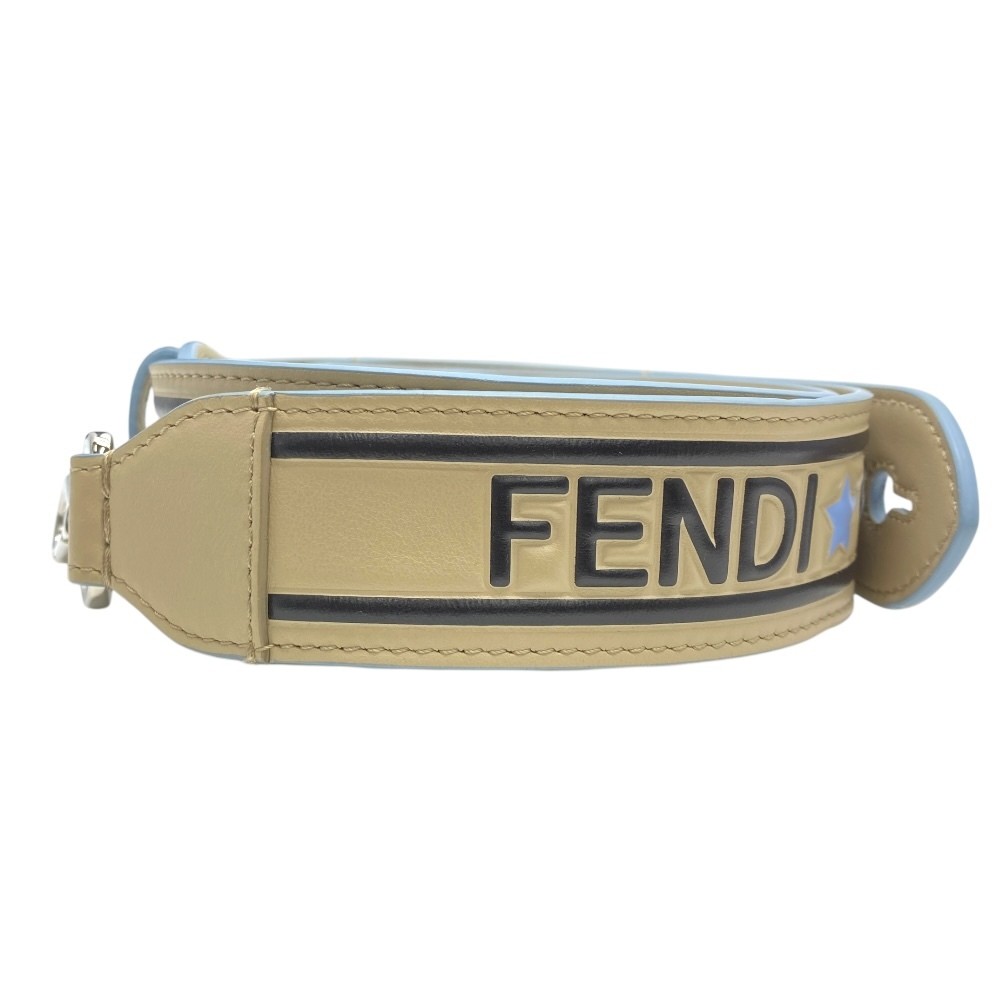 Fendi Strap You Long Shoulder Strap Beige Leather Silver Roma Logo 