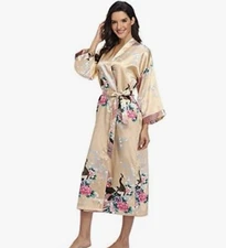 Women’s Babeyond Kimono Duster One Size Champagne Long With Peacock & Blossoms