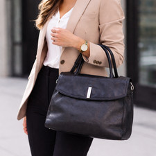 Halston Heritage Large Handbag 10x12x5 Black Leather Tan Suede Top Handle Purse