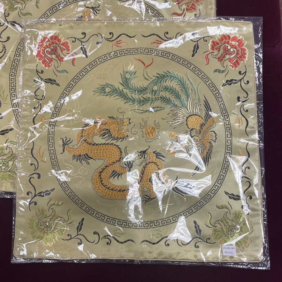 3 Fundas de Cojín Motivo Dragón Chino y Fénix, Brocado, Personalizadas 17"x17" Dorado Foto 2 de 4