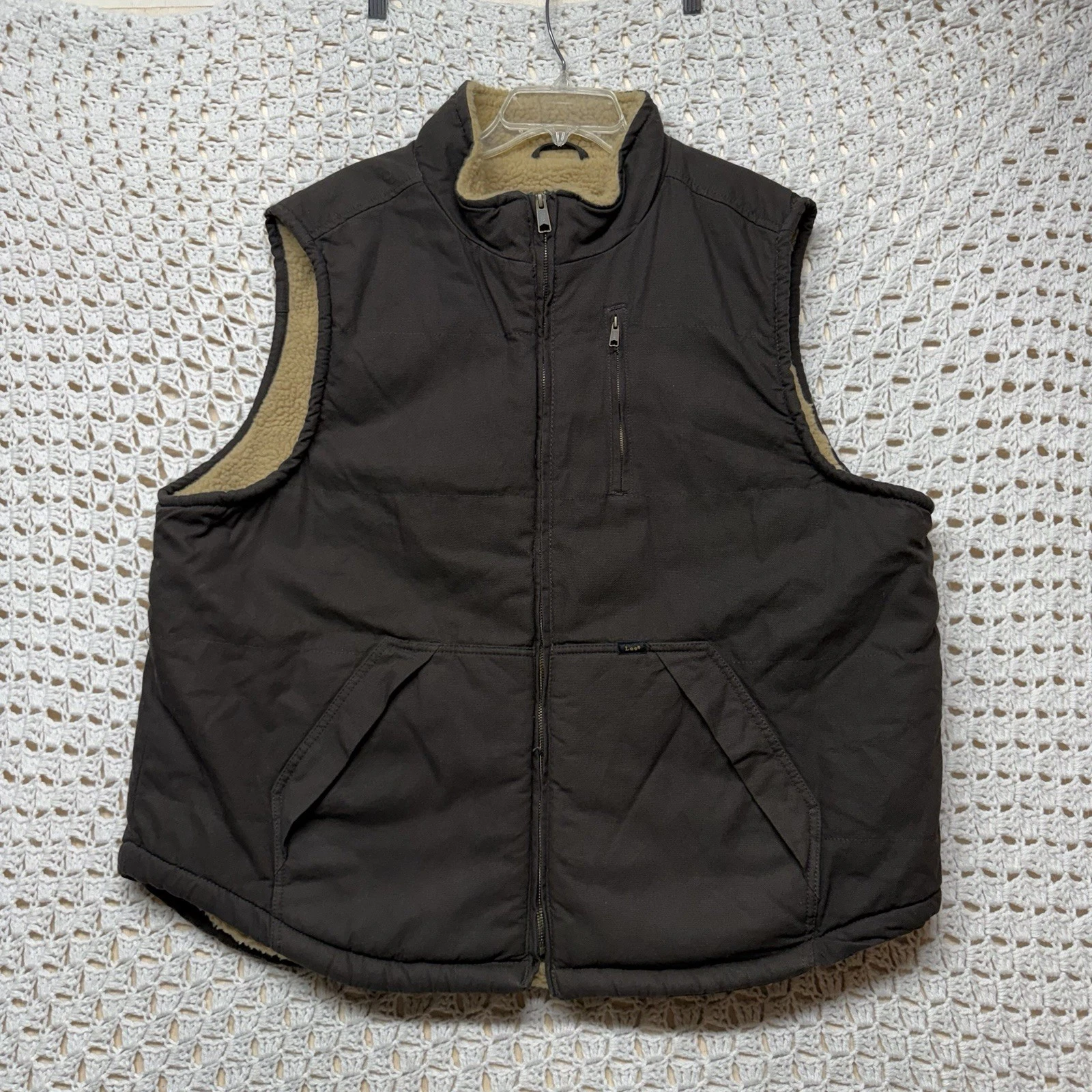 LEE Sherpa Lined Canvas Vest Mens Size 2XL Dark Brown Jacket Premium Select