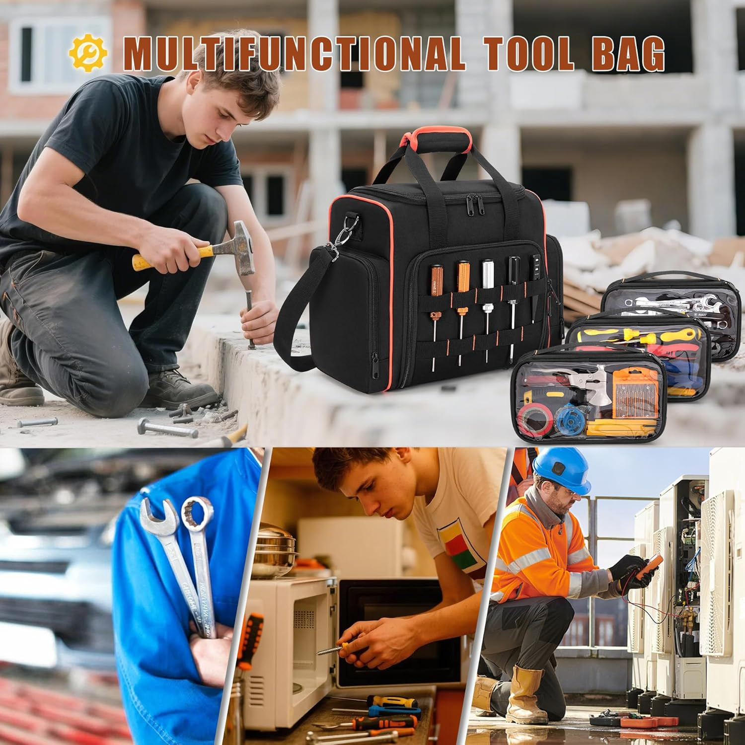 Tool Bag with 3 Removable Cases, 2 Layers Tool Tote for Hand Tools, Black with R