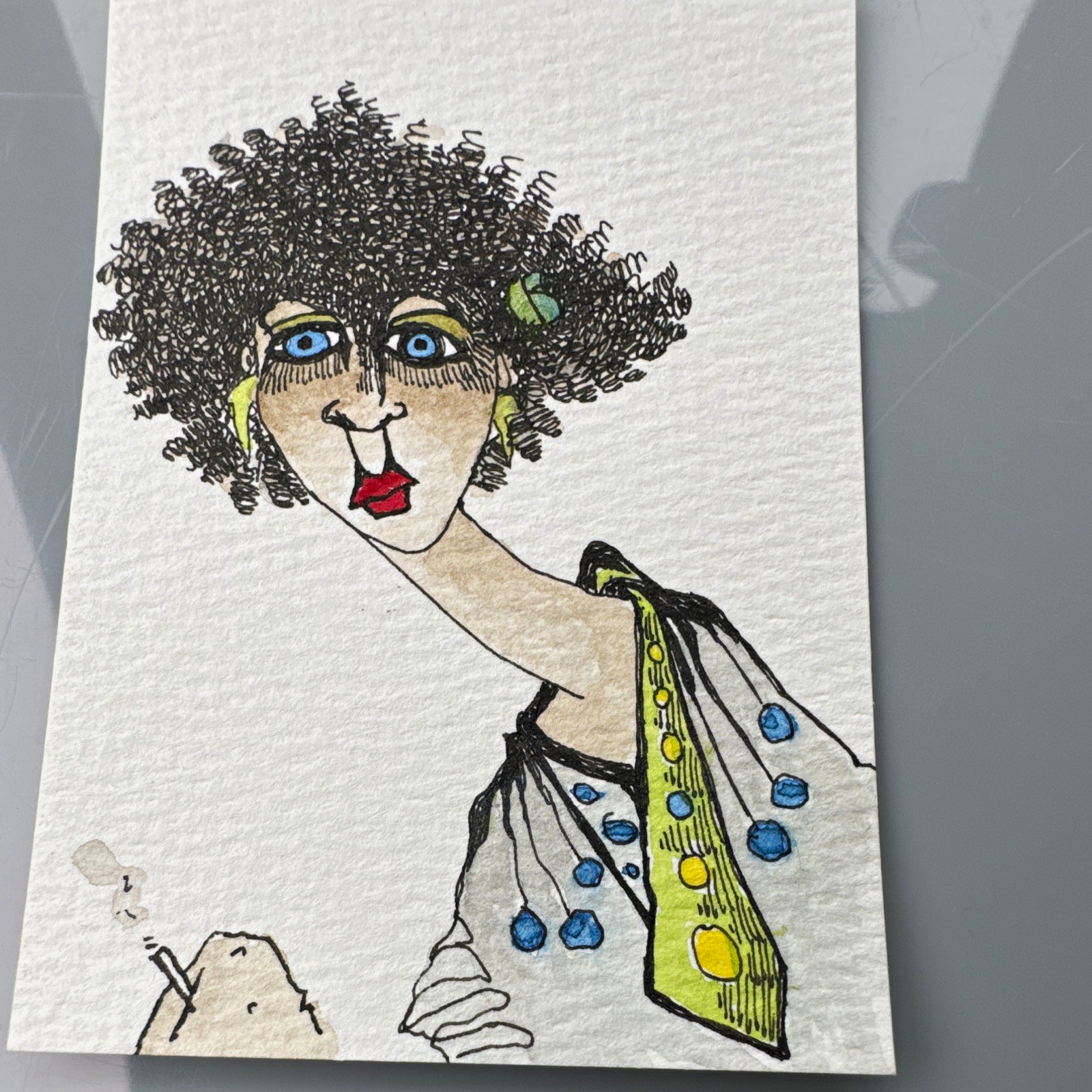 ACEO original Sharon Defnet "Hey...you single" Signed Ink Drawing Woman Unframed