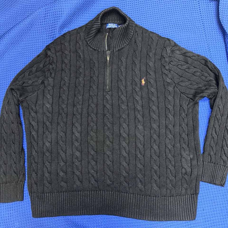 Polo Ralph Lauren 粗线针织毛衣男式 4XB 黑色 1/4 拉链红色小马 — 第 2/4 张图片