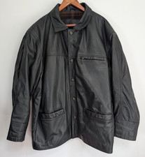 Savannah Leather Jacket Mens Large Black Tartan Lined Button Front Vintage Coat