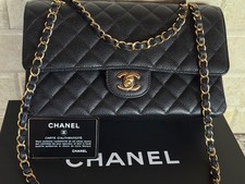 CHANEL 2015 CLASSIC BLACK MEDIUM DOUBLE FLAP BAG GOLD CC CHAIN BOX CARD