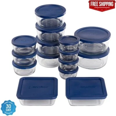 BRANDED Anchor Hocking Clear Glass Food Storage Containers 30 Pieces Set with Navy Lids