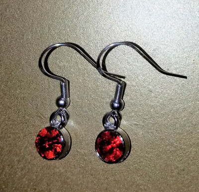 Crystal Birthstone Earrings Pierced Drop Dangles, Silver & Ruby Red Birthstone