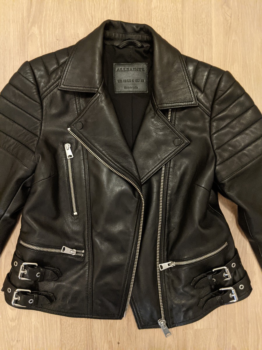 AllSaints Halley Black Leather Biker Jacket Size UK 10 EU 38 US