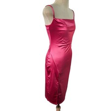 Liz Sara Hot Pink Bodycon Dress Sz S Spaghetti Straps Thigh Slit Poly Spandex NW