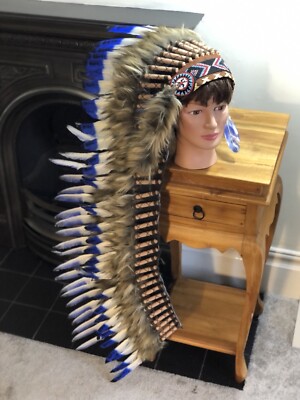 Indianer Kopfschmuck Indianer Feder Kopf Kleid extra groß blau