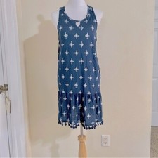 LUCKY BRAND boho tank dress pom Pom tassels hem women’s size L in Navy tribal.