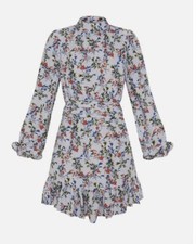 PRETTYLITTLETHING Blue Floral High Neck Frill Hem Dress Size 6 Long Sleeve