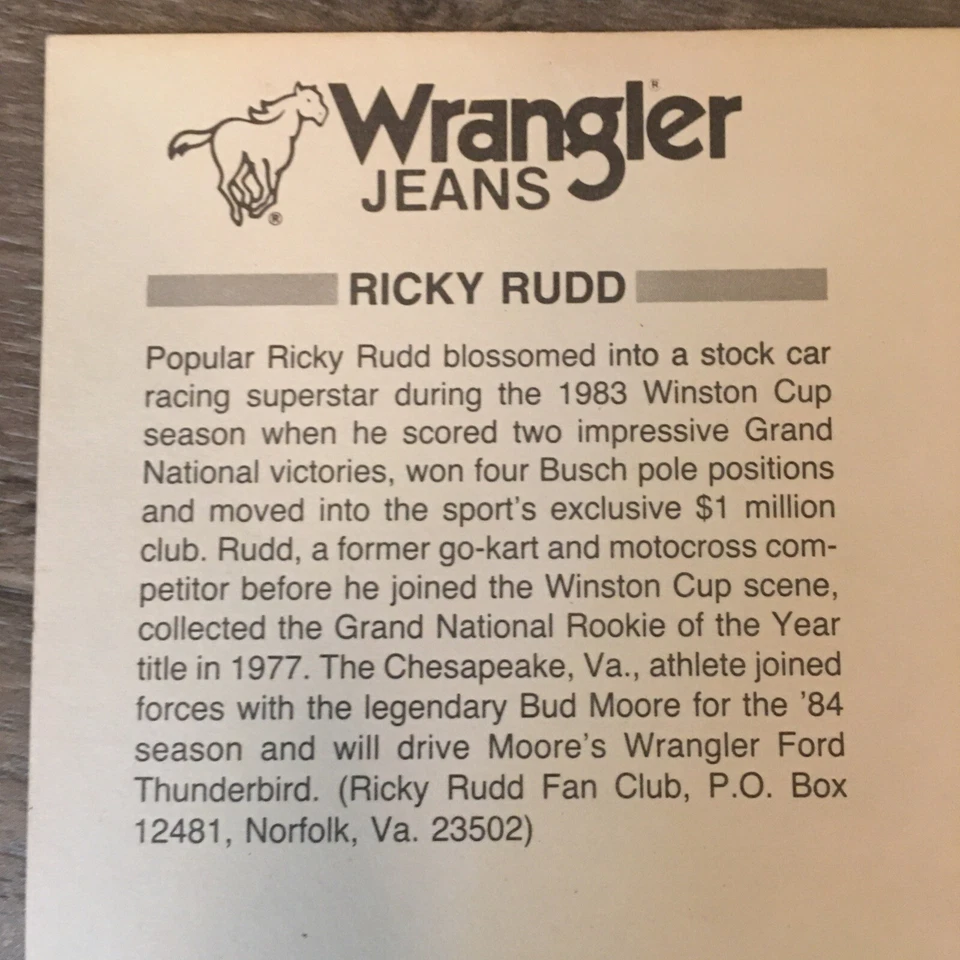 Jeans Ricky Rudd #15 Wrangler NASCAR 1986 autos carreras postal de gran tamaño Foto 3 de 4