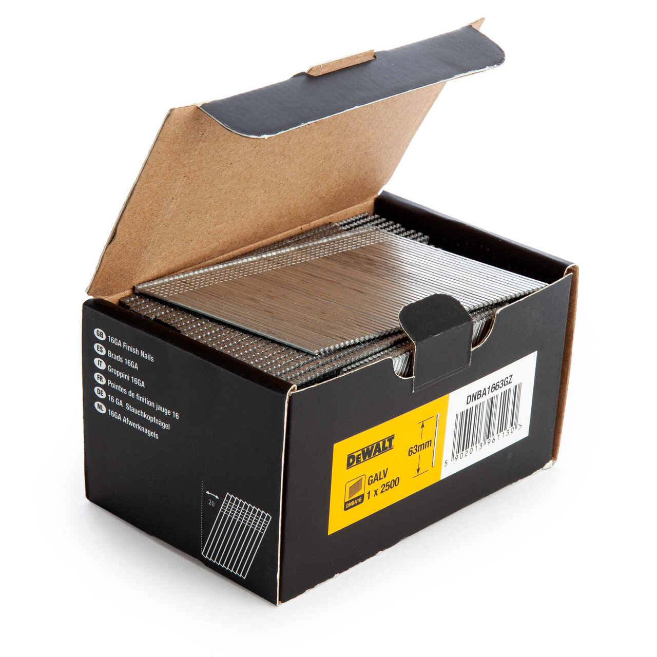 DEWALT DNBA1663GZ 16GA Brad Finitura Unghie 20 Gradi Zincato 63mm (Confezione