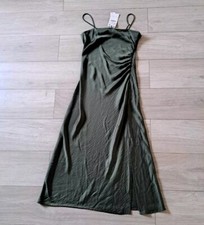 ZARA Khaki Green Silky Strappy Midi Maxi Dress Holiday Party Prom UK8/10 (M)