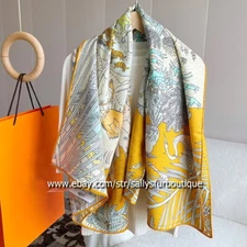 Sally Cashmere & Silk Wrap Scarf Animals Print Double Face Shawl Hand Rolled 53"