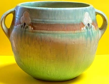 ARTS AND CRAFTS ROSEVILLE POTTERY MONTCELLO TWO HANDLED VASE # 559-5 BLUE/GREEN