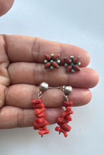 Lot of Native Sterling Silver and Coral Earrings