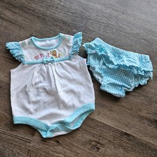 Vintage Disney Gurl Winnie The Pooh Outfit 3-6 Months Y2K Blue Flowers Ruffles