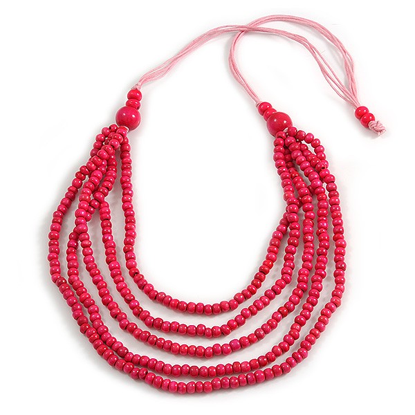 Deep Pink Multistrand Layered Wood Bead with Cotton Cord Necklace - 90cm Max