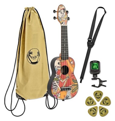 Bunte Ukulele von Ortega mit Kunststoff-Korpus und Agathis-Decke inkl. Zubehör