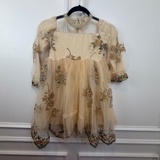Girls Champagne Floral Embroidered Tulle Party Dress Illusion Neckline Formal